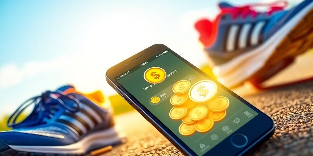 Smartphone showing Sweatcoin app with coins and sneakers.