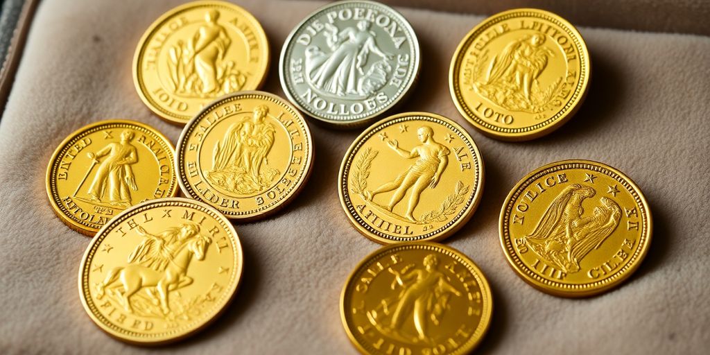 Collection de Napoléons en or sur un fond doux.