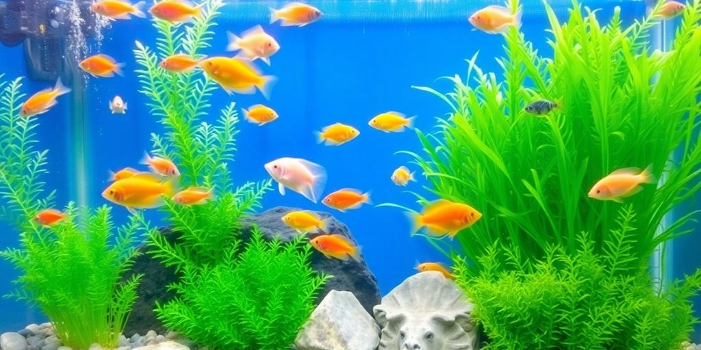 Peces de agua dulce coloridos nadando en un acuario exuberante.