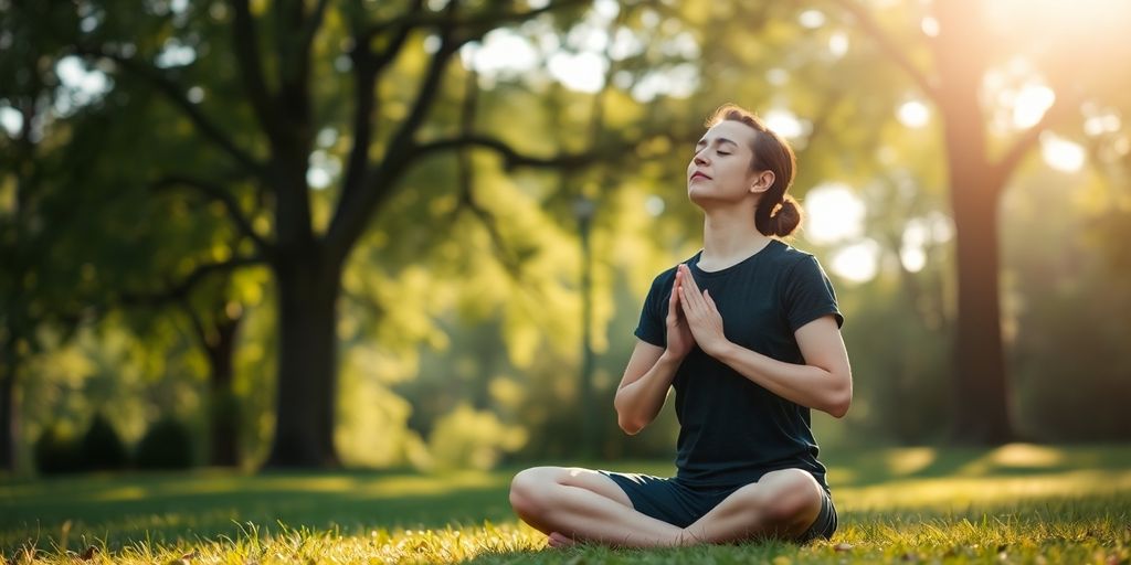 Person practicing deep breathing in a peaceful outdoor setting.