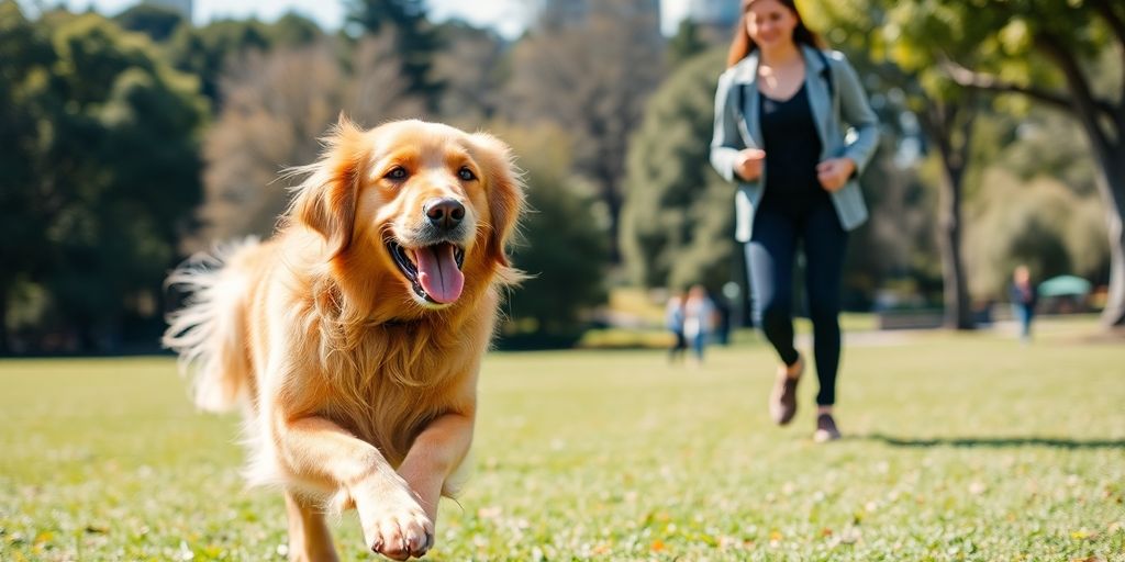 Happy dog playing with owner in Sydney park.
