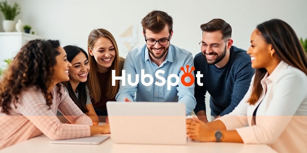 Team collaborating over a laptop in a bright workspace.