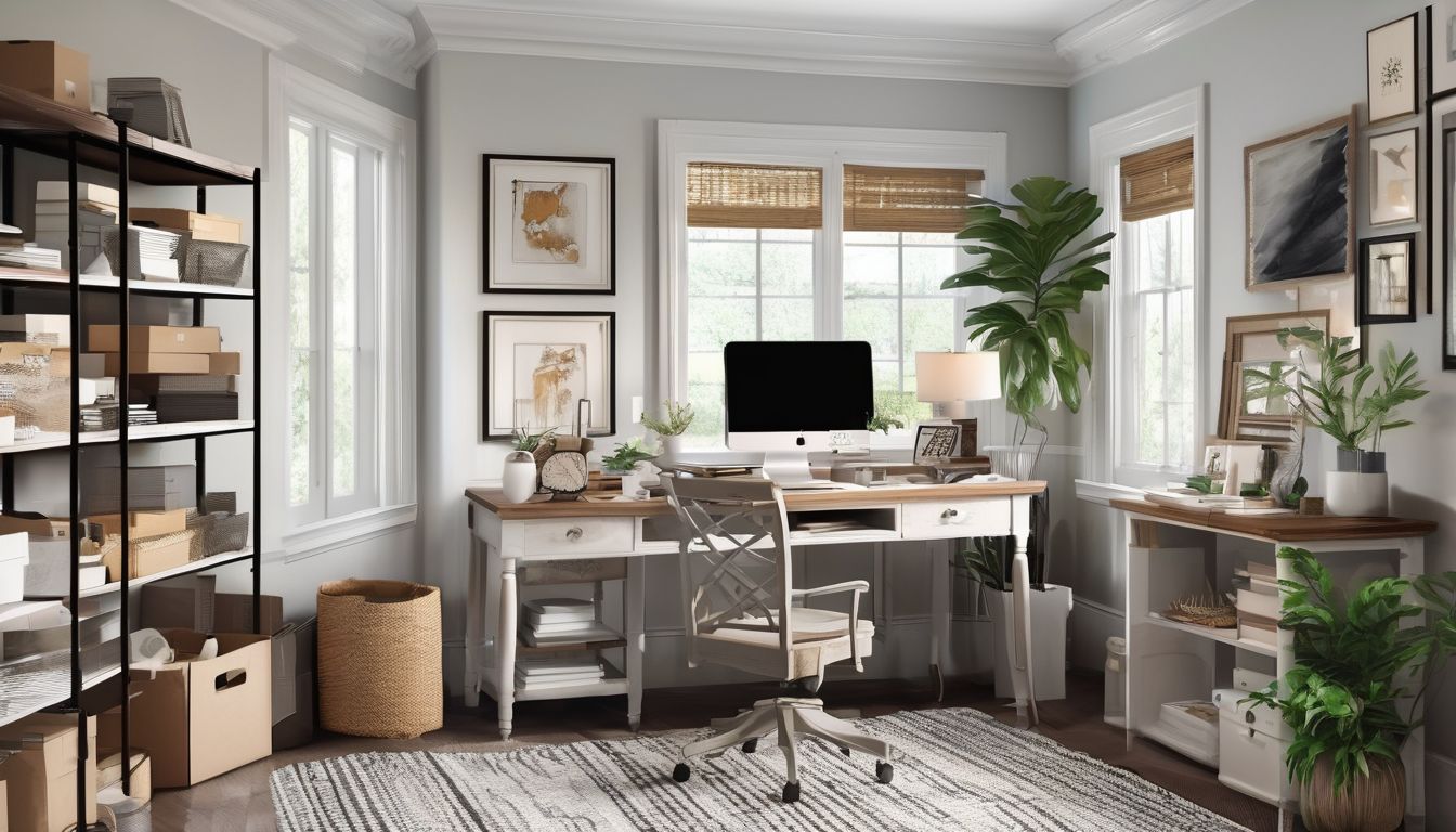 organized home office with moving boxes and decluttering