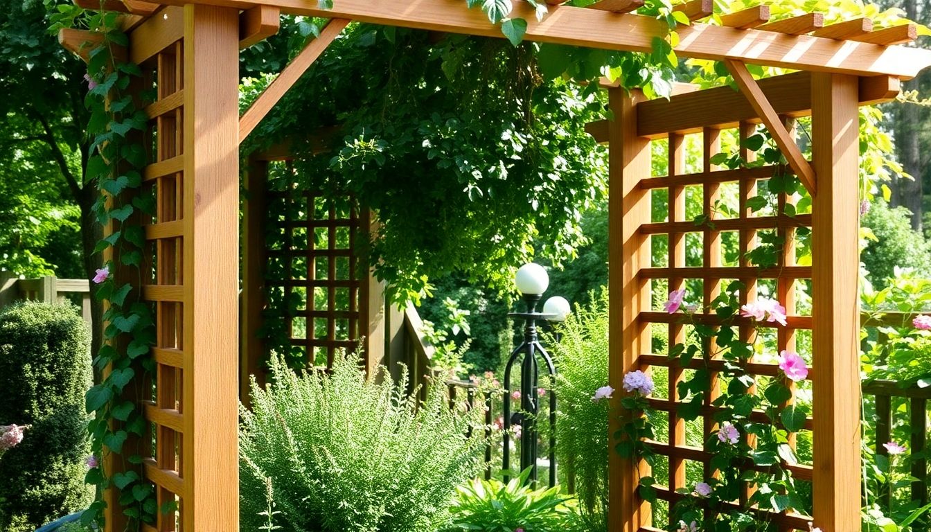 Wooden garden trellis with climbing plants in sunlight.
