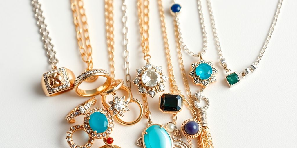 Variety de bijoux en or et argent sur fond neutre.