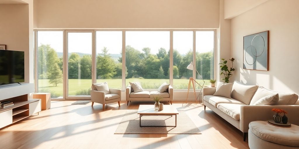 Well-lit living room, modern furniture, light wood floor