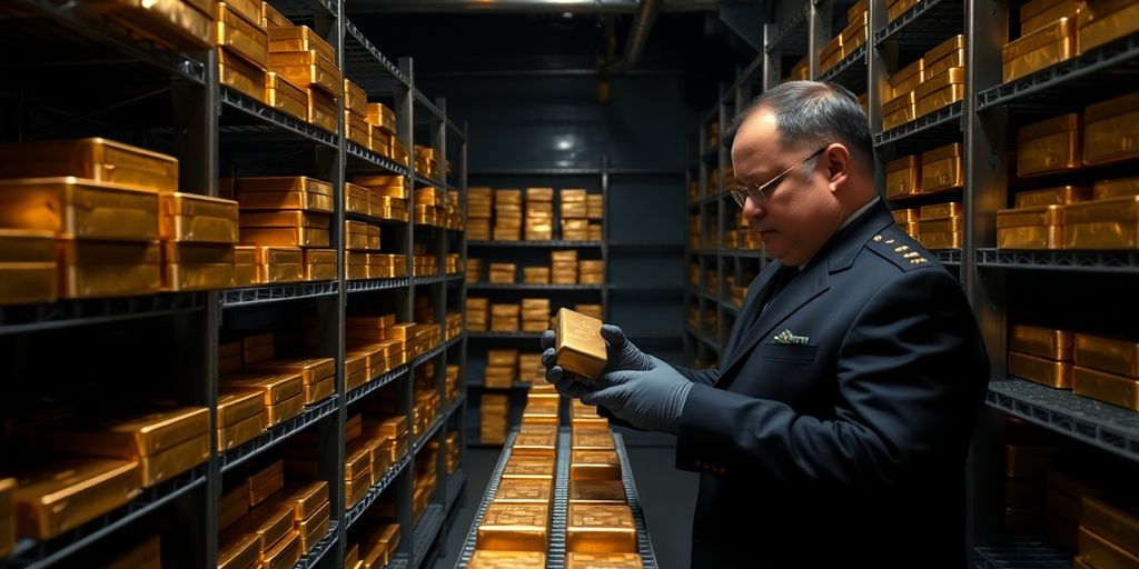 Agent en uniforme inspecte lingots d’or dans un coffre-fort industriel