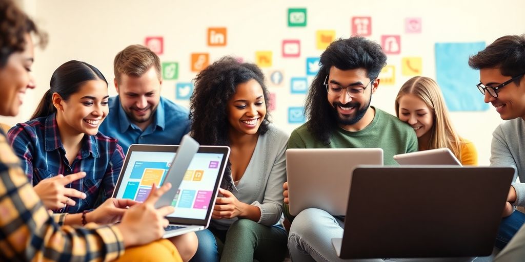 Diverse learners using laptops for online courses.