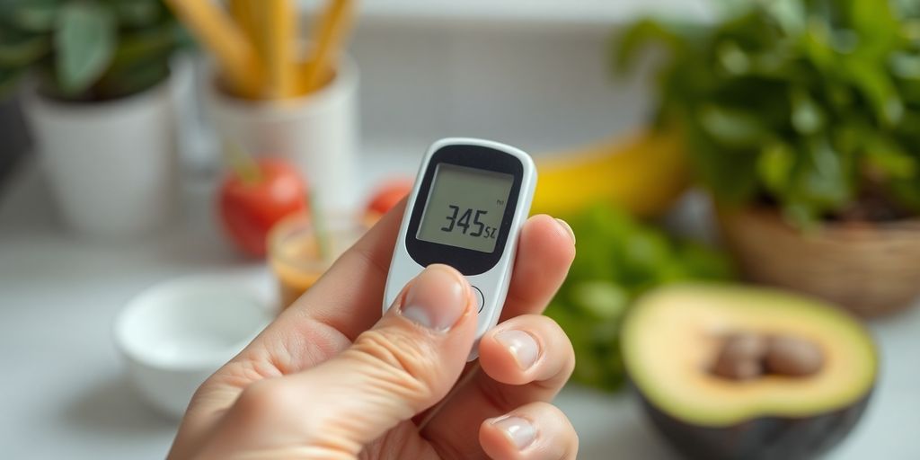 Medical illustration of a healthy pancreas and blood glucose monitor.