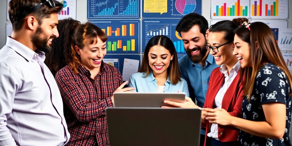 Diverse team collaborating on digital marketing strategies.