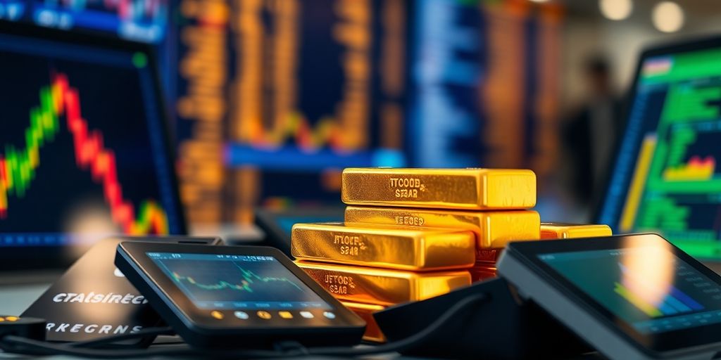 Lingots d'or empilés sur table de trading