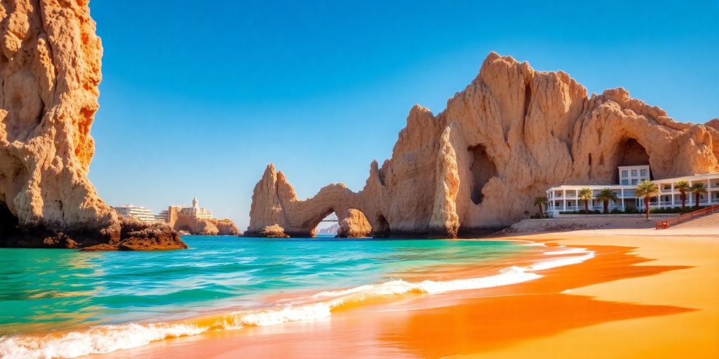 Cabo San Lucas arch, ocean, and luxury resort.