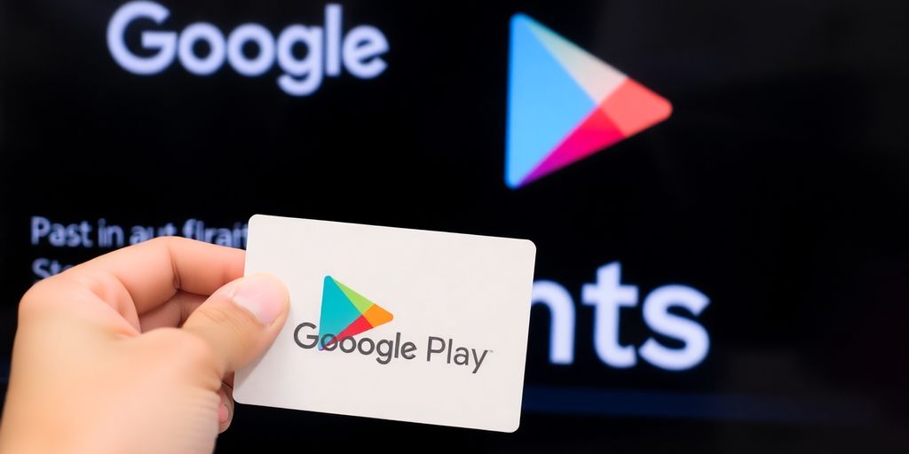 Hand holding Google Play gift card, points graphic.