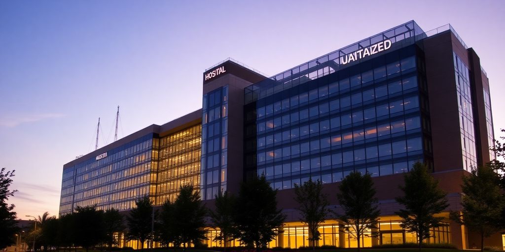 Modern hospital building exterior at dusk