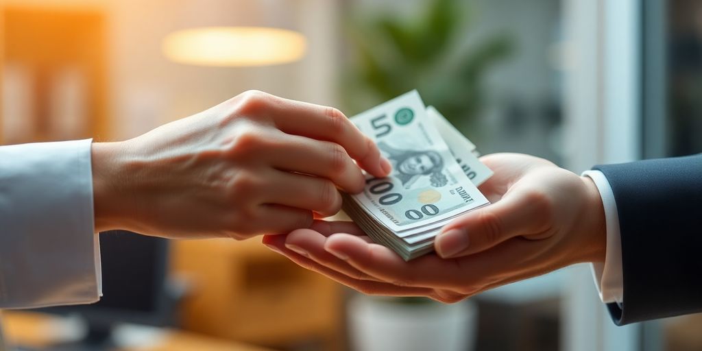 Hands exchanging money, focus on finance.