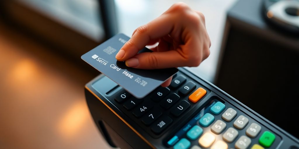 Main tenant une carte bancaire devant un terminal.