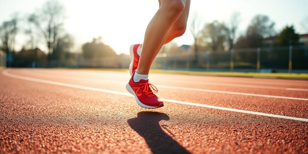 Runner's feet on a track, illustrating performance in motion.