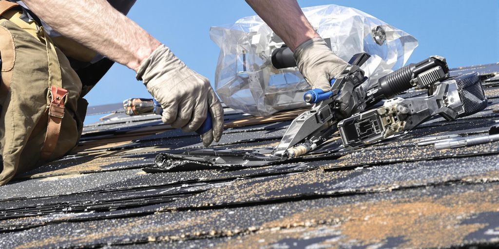 Roofer repairing shingles on a residential roof.