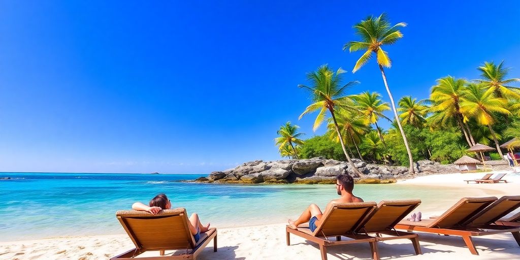 Couple relaxing on a sunny Cabo beach with turquoise water.