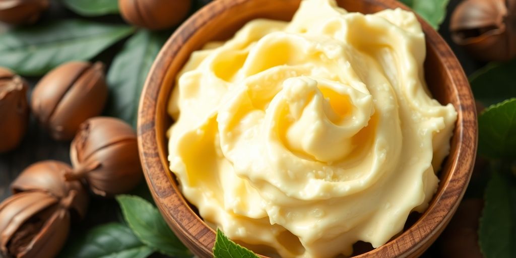 Nærbilde av shea butter med nøtter og blader.