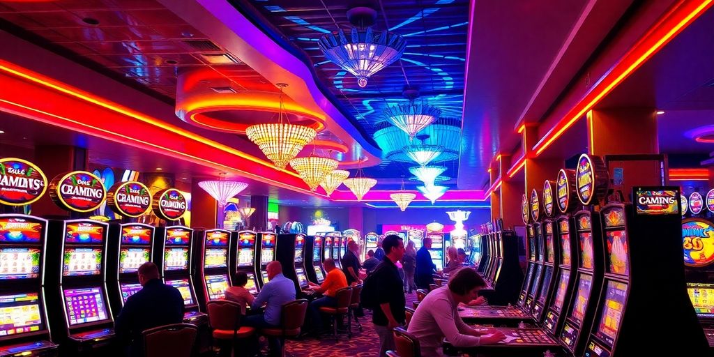 Casino floor, slot machines, bright lights, people enjoying themselves.