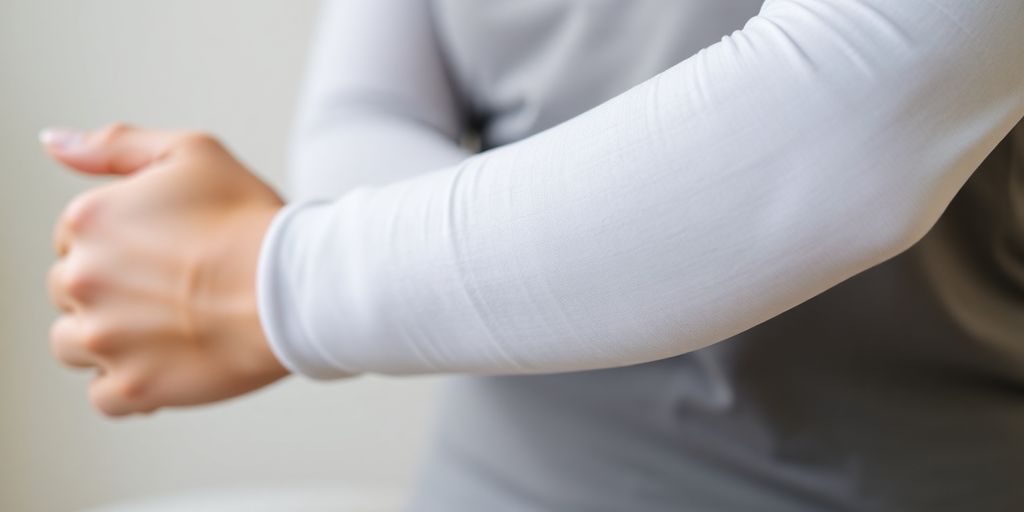 Compression sleeve on arm, comfortable fit.
