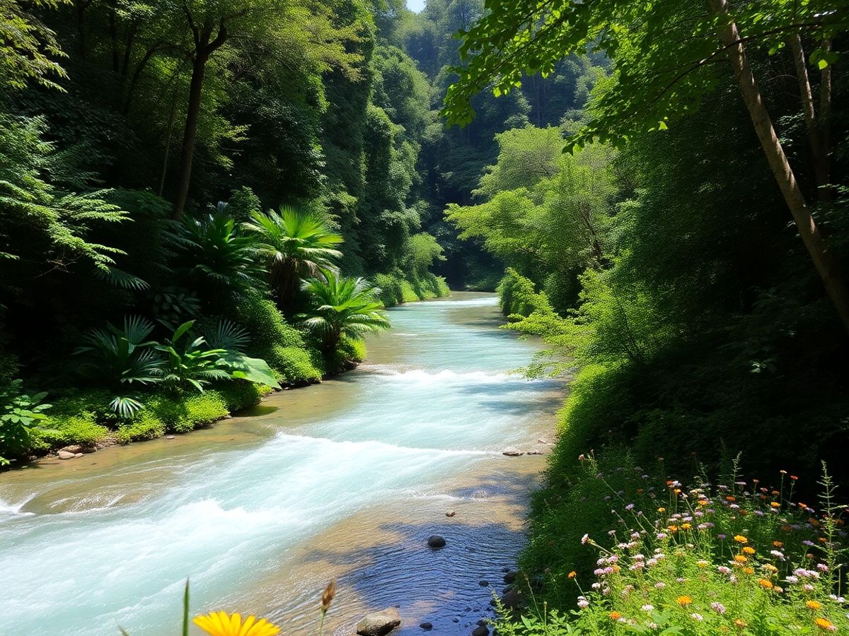 Pădure luxuriantă, biodiversitate bogată, râu limpede.
