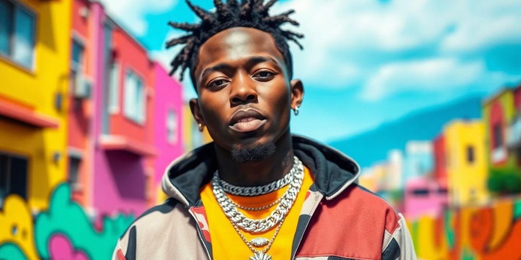 Young Thug in stylish outfit against colorful urban backdrop.