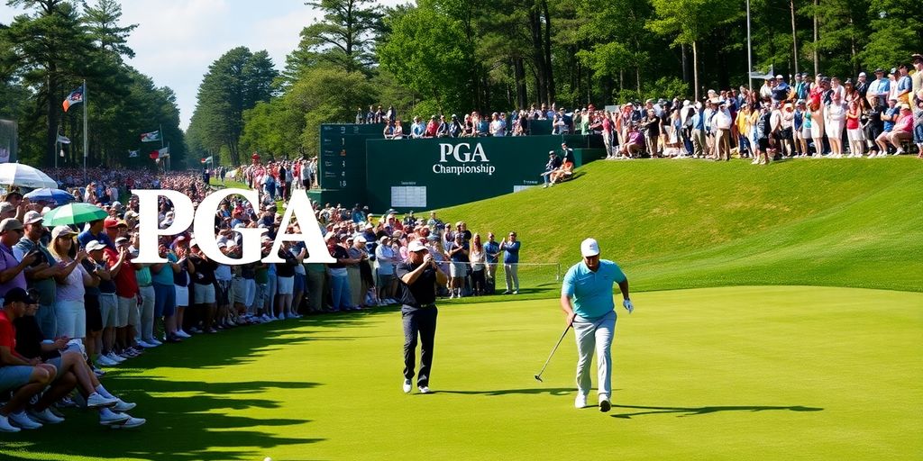 Golfers competing at the PGA Championship on a sunny day.