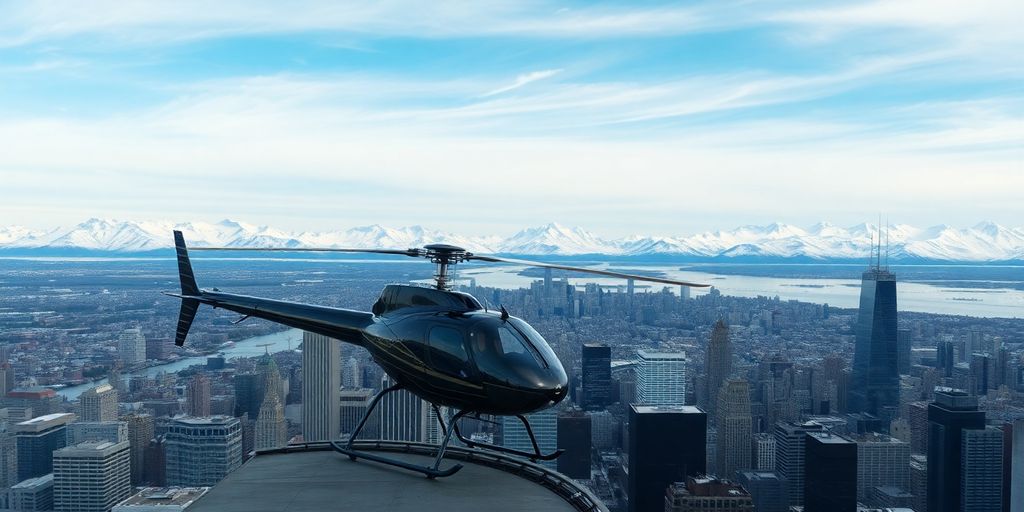 A helicopter on a NYC skyscraper with Alaskan mountains behind.