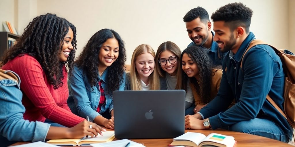 College students collaborating on investment strategies around a laptop.