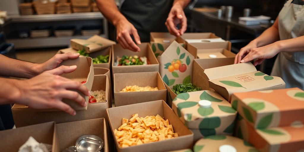 London restaurant staff handling compostable food containers.