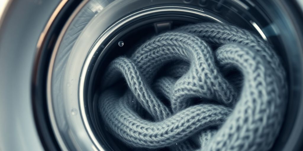Wet wool sweater spinning in a washing machine.