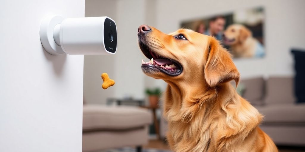 Dog eats treat from camera dispenser.