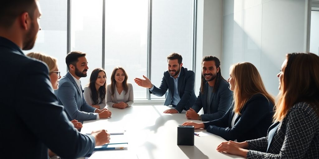 Team collaboration, leadership in office.