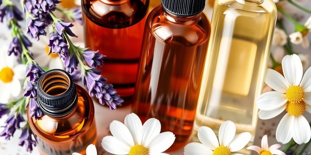 Close-up of lavender and chamomile oils with fresh herbs.