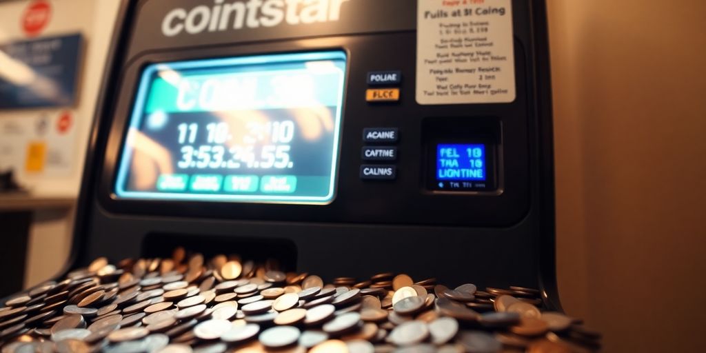 Coinstar machine with coins, bright and inviting atmosphere.