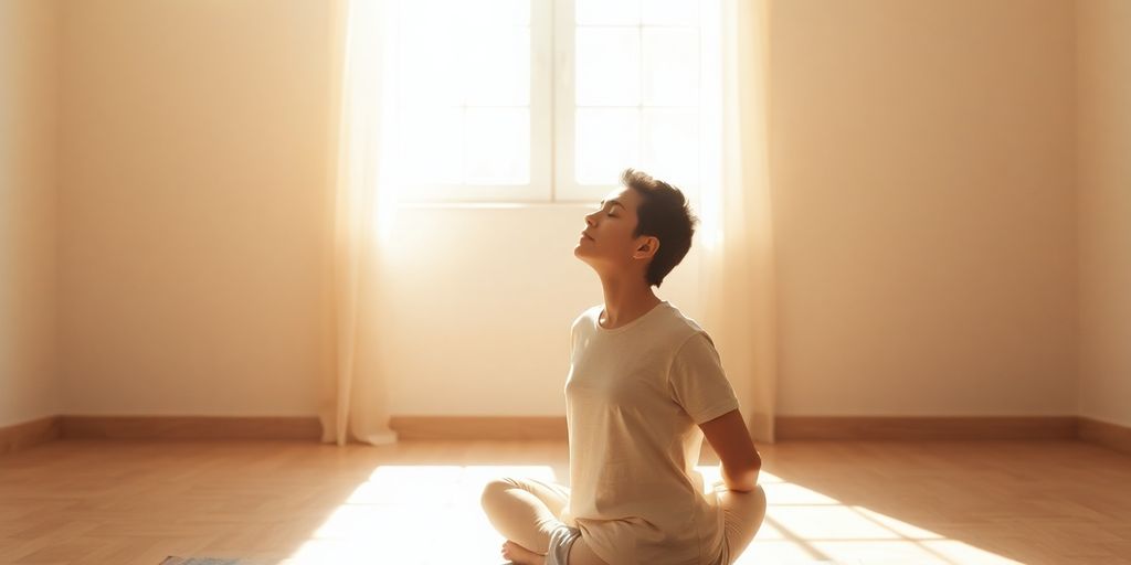 Person meditating peacefully in a sunlit room.