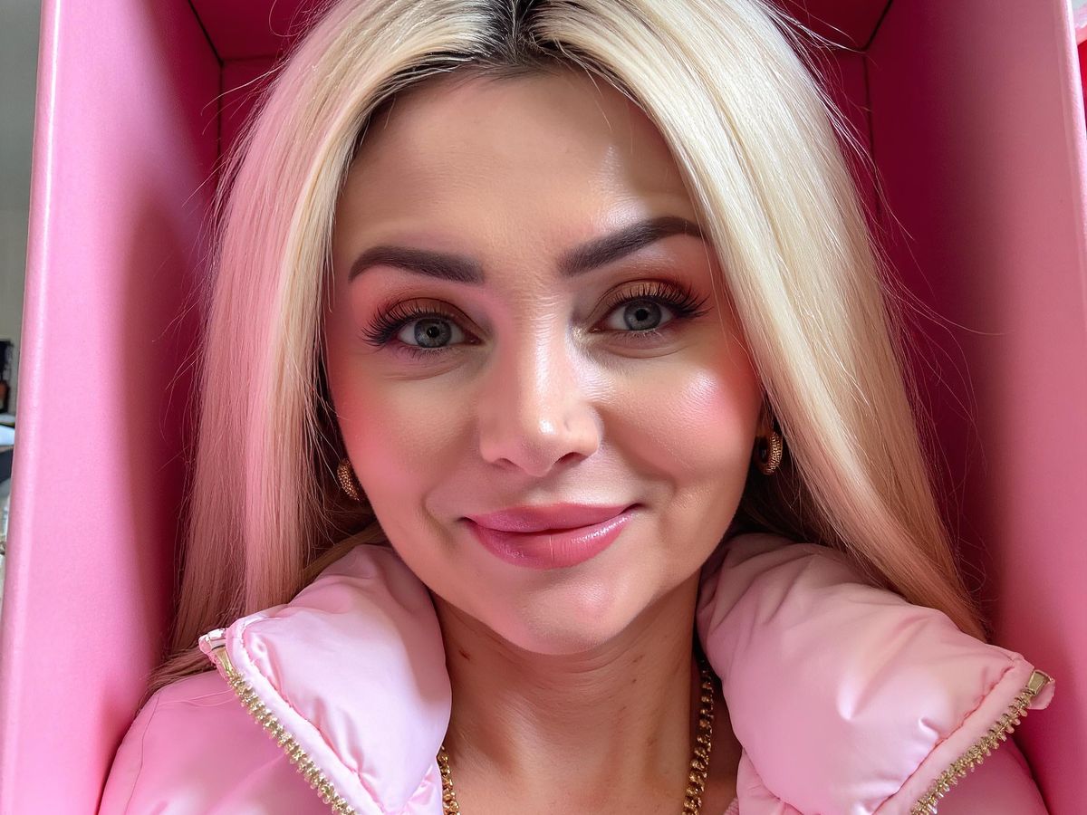 A person with blonde hair in a pink-themed setting.