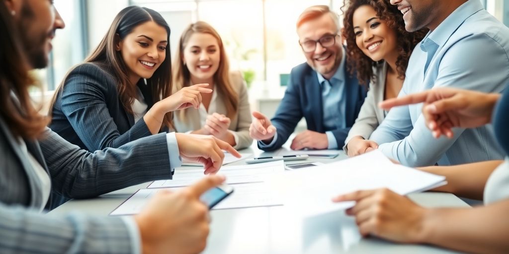 Diverse business team collaborating in modern office.