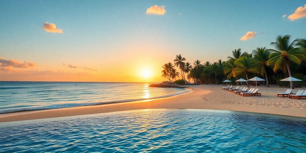 Luxury beachfront with palm trees and sunset in Australia.