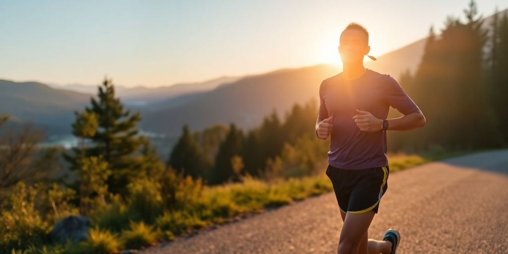 Runner training on a scenic path during sunrise.