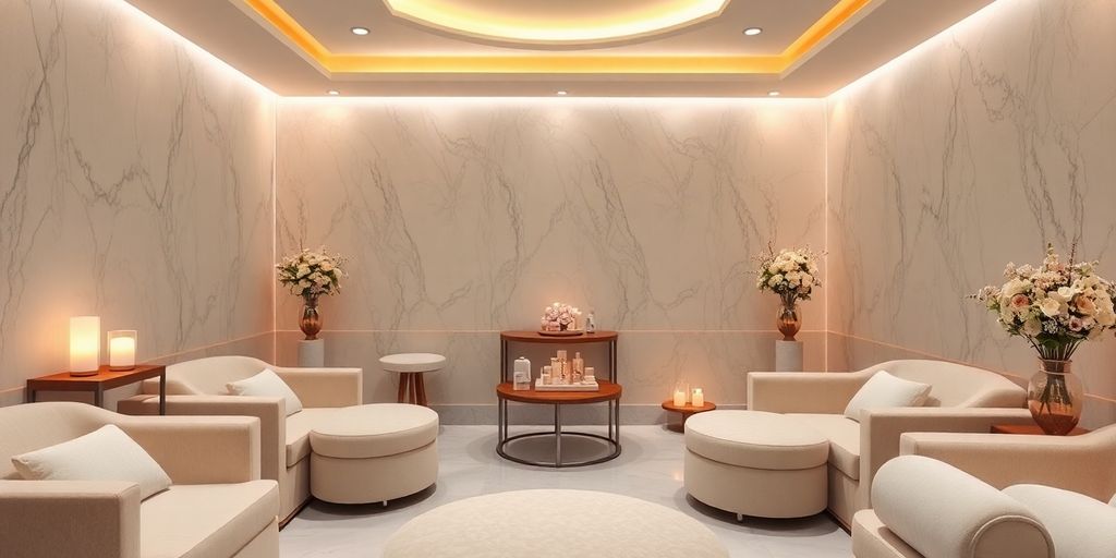 Luxurious spa treatment room with soft lighting.