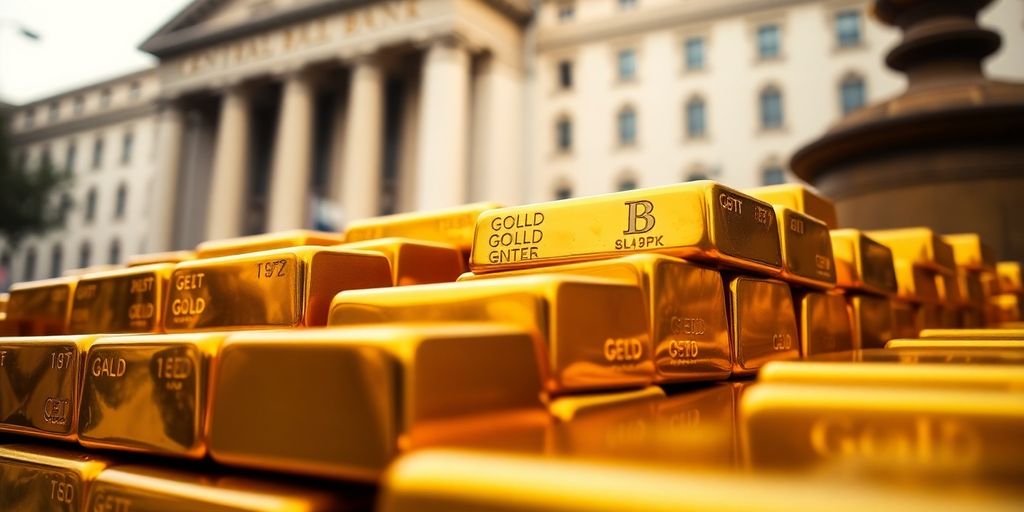 Des lingots d'or empilés avec un bâtiment de banque flou.