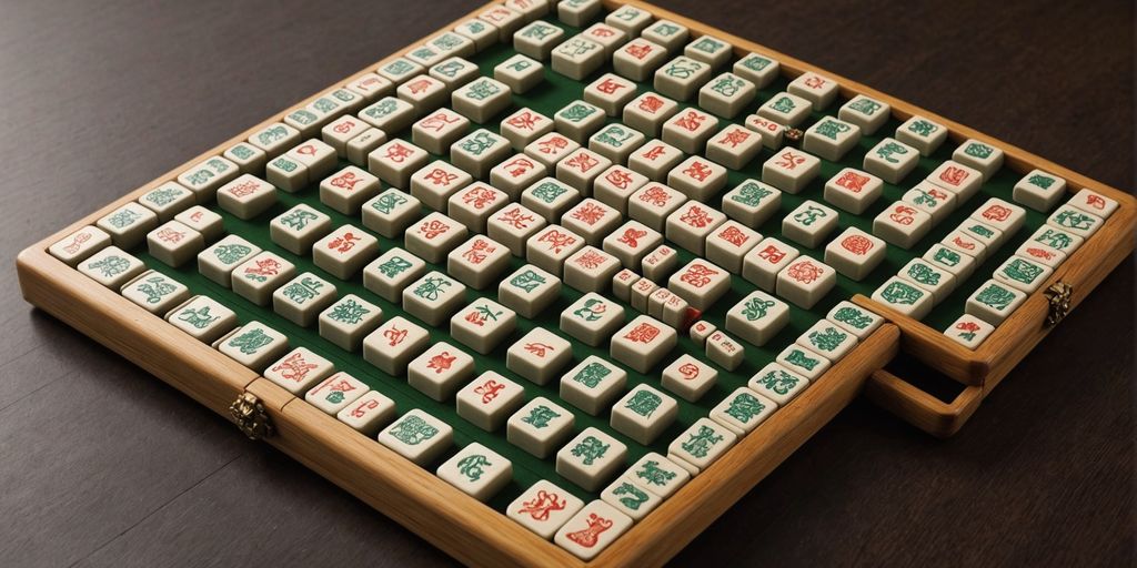 Mahjong set with intricately designed tiles.
