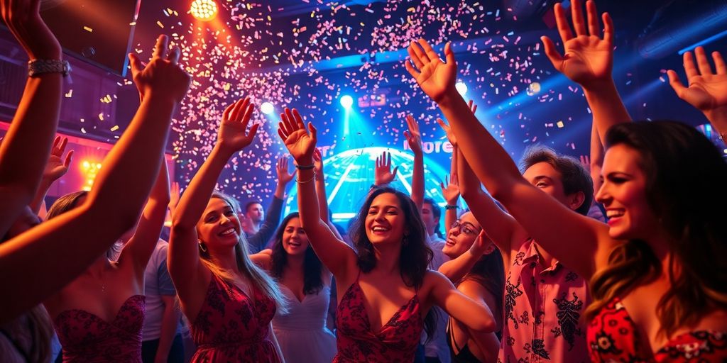 Well-dressed tourists dancing at a lively Cabo nightclub.