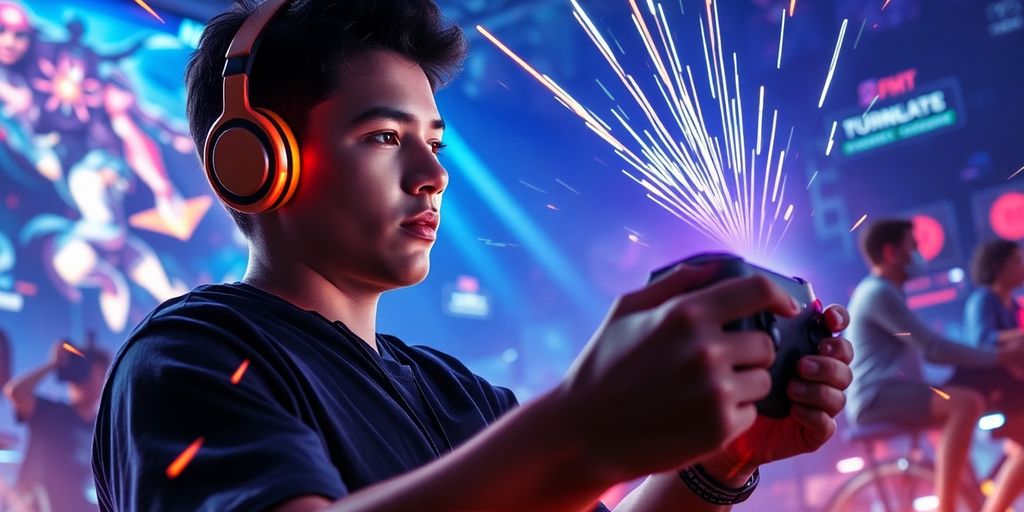 Gamer triumphantly holding controller, dynamic game action.