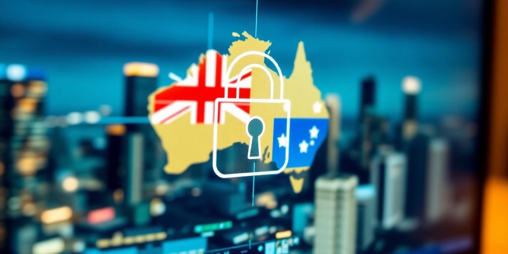 Digital lock on computer screen with blurred city in background.