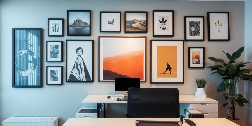 Stylish office wall decor with modern art and colors.