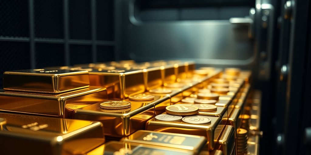 Lingots d'or empilés, monnaies d'or brillantes.